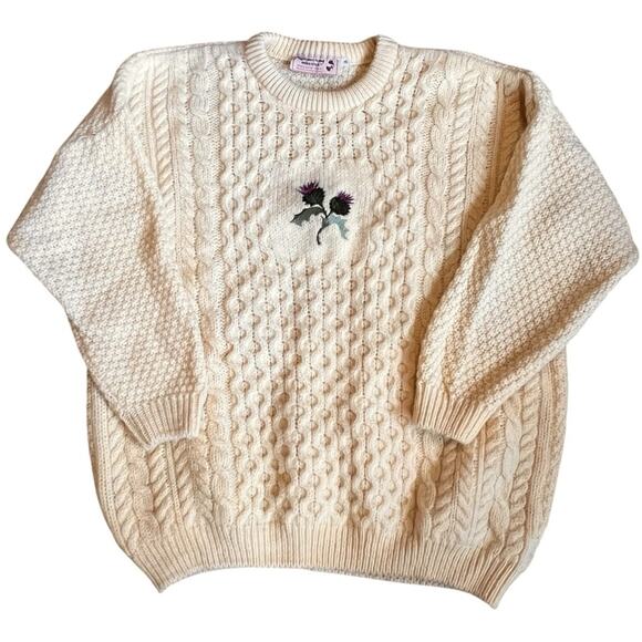 Highland Home Scotland Women’s XL VTG Cream Wool Sweater Fisherman Embroidered - Picture 1 of 10